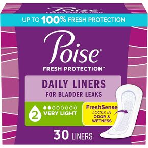 Poise Daily Liners, Incontinence Panty Liners, 2 Drop Very Light Absorbency, Regular Length, 30 Count of Pantiliners, Packaging May Vary