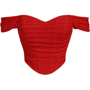 Floerns Women's Off Shoulder Short Sleeve Asymmetrical Hem Ruched Corset Crop Top
