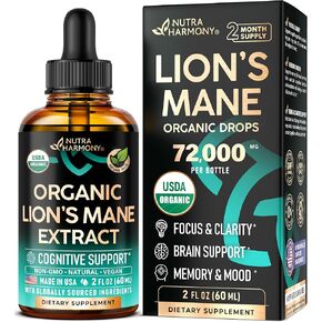 Lions Mane Liquid - USDA Certified Organic Lions Mane Supplement - Brain Support, Energy, Memory & Focus - Sugar & Alcohol-Free Lions Mane Mushroom Extract 72,000 mg / Bottle - 2 Fl OZ, 2 Month Supply