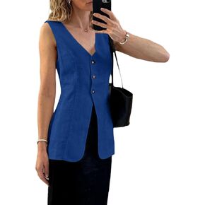 2024 Fall Long Linen Vest Blazer Y2K Lightweight Fashion Casual Top V-Neck Button Fully Lined Work Jacket With Pockets