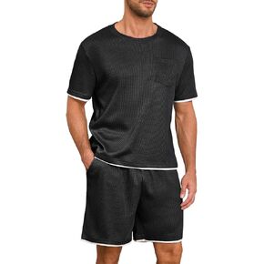 Andeip Men's Pajama Set Short Sleeve Top and Shorts 2 Piece Loungewear Waffle Knit Pj with Pockets