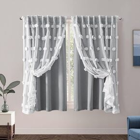 MYSKY HOME Grey Blackout Curtains for Kids Room Boys Bedroom 63 Inch Long Double Layer Curtain with White Pom Pom Sheer for Dining Room Back Tab Room Darkening Window Drapes 2 Panels, 52 x 63 in