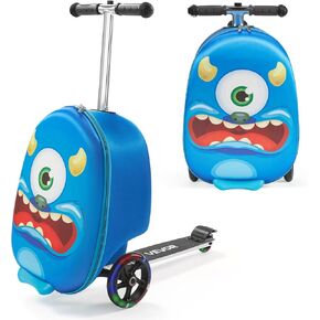 VEVOR Ride-on Luggage, 20 L Capacity, 20 Inches Kids Scooter Suitcase with Flash PU Wheels, Adjustable Handle & TPR Non-Slip Grip, Foldable & Lightweight Scooter Luggage for Kids Aged 5+, Blue