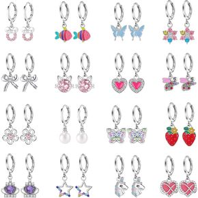 16 Pairs Hypoallergenic Earrings for Little Girls Kids Teens Sensitive Ears Silver Huggie Hoop Earrings with Charm CZ Heart Flower Butterfly Animal Cute Small Dangle Hoop Earrings Set