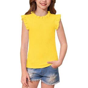 BesserBay Girls Summer Flutter Sleeve Knit Ruffle Collar Shirts Slim Fit Casual Vertical Texture Tank Tops 5-14 Years