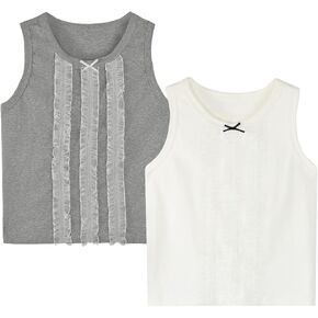 2 Piece Girls Tank Top with Lace for Summer Sleeveless Dance Top Wide Strap 5T-13Y