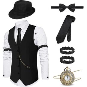 Charming 6PCS Mens 1920s Gatsby Custome Outfits Vest and Hat Accessories for Roring 20's 30's Themed Party