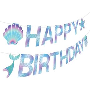 Mermaid Birthday Banner Sign, Mermaid Happy Birthday Bunting Banner Flag Garland for Girls Kids Baby Birthday Party, Baby Shower Decorations Supplies