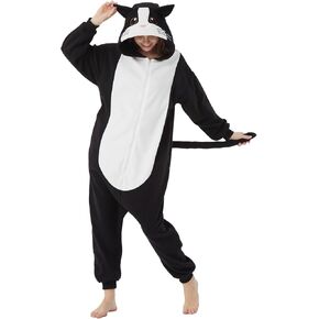 Wawrtou Black Cat Onesie Pajamas للبالغين Halloween Cat Costume Cosplay قطعة نوم من قطعة واحدة