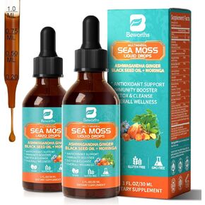 2PACK Sea Moss Drops - Irish Sea Moss Chlorophyll Liquid with Black Seed Oil, Ashwagandha, Moringa, Turmeric, Elderberry, Mullein, Seamoss Gel Supplement for Lung Cleaner, Detox & Gut, Immune Support