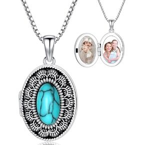 Vintage Picture Locket Necklace 925 Sterling Silver Oval Turquoise Flower Pendant Holds Pictures Vintage Style Photos Locket Memorial Jewelry Gifts for Women Men Mothers Day Gifts for Mom Sister