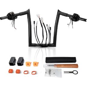 MoKitDora Pre-wired Handlebar 14" Rise Ape Hanger for 1996-2006 Harley Sportster/Dyna/Softail/Road King Pre-wired CAN-Bus/Turn Signal Wires/Switch Control Kit/Heated Grip Wires, Black