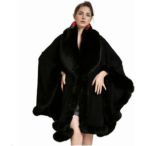 Women Fur Collar Cape Thick Cardigan Coats Fall Winter Faux Fur Shawl Cloak for Dress Evening Party