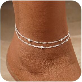 LEXODY Gold Ankle Bracelets for Women Waterproof, 14K Gold/Silver Plated Layered Beaded Heart Anklets for Women Trendy Dainty Cuban Link Chain Anklets Set Summer Beach Jewelry Gift