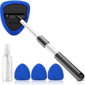 Windshield Cleaning Tool, 23-inch Extendable Handle Car Window Cleaner with 4 Reusable and Washable Microfiber Pads, Auto Glass Wiper Kit for Interior & Exterior, Ideal for Dirty Car Windows, Green