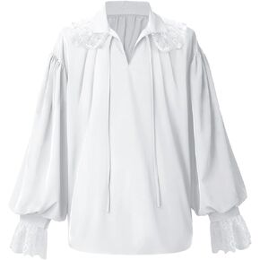 Runcati Mens Medieval Pirate Shirt Ruffle Lace Steampunk Viking Renaissance Poet Shirts Lace Up Halloween Costume Tops
