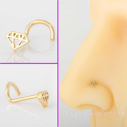 20G Solid 14K Yellow Gold Diamond Icon Nose Stud, Diamond Shape Nose Ring L-Bend, Ball-end, Nose Screw Stud, Unisex Nose Ring in Saudi Arabia