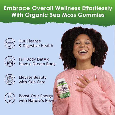 Sea Moss Gummies - Irish Sea Moss Gummies for Adults & Kids - Advanced Superfood Seamoss Supplement with Organic Bladderwrack & Burdock Root Extract，ACV for Daily Immune, Gut Cleanse, Vegan, 60 Counts in Kuwait