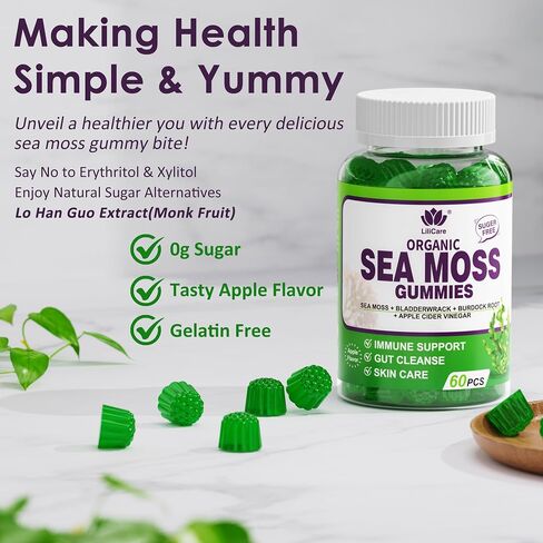 Sea Moss Gummies - Irish Sea Moss Gummies for Adults & Kids - Advanced Superfood Seamoss Supplement with Organic Bladderwrack & Burdock Root Extract，ACV for Daily Immune, Gut Cleanse, Vegan, 60 Counts in Kuwait