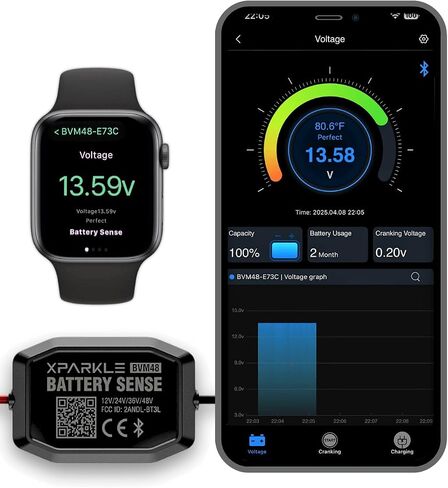 شاشة بطارية Bluetooth 12V 24V - 36V 48V RV شاشة بطارية مع الشحن ، واختبار نظام التحريك وإنذار - اختبار بطارية السيارات مع مستشعر مؤقت للشاحنات والسيارات والدراجات النارية والقوارب in Saudi Arabia