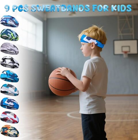 9 Pcs Sweatbands for Kids Boys Sports Headbands Athletic Headbands Breathable Kids Sweatbands Elastic Headband for Sports Running Football Basketball in Saudi Arabia