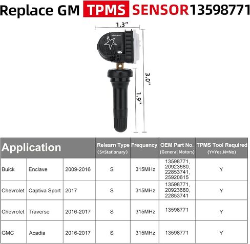 13598771 315MHz Preprogrammed Tire Sensor Compatible with Chevy GMC &Other GM Vehicles- Silverado Tahoe Sierra Yukon Escalade, Snap-in Tire Pressure Monitoring System (TPMS) Sensor Rubber Valve Stem in Saudi Arabia