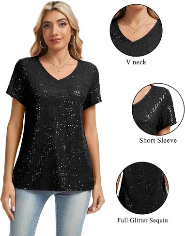 Mintlimit Womens Full Equin Tops Glitter Party Shirt Shirt Sleeve Parkle Blouses v-neck roject summer Shimmer Tunic Turts in Kuwait