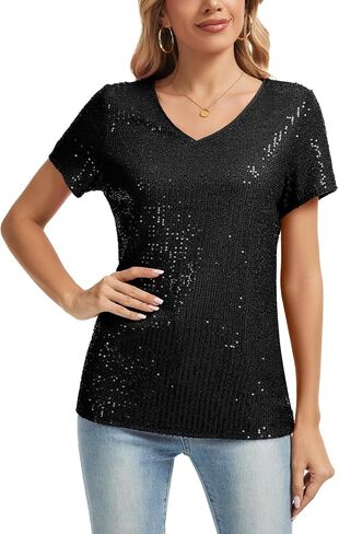 Mintlimit Womens Full Equin Tops Glitter Party Shirt Shirt Sleeve Parkle Blouses v-neck roject summer Shimmer Tunic Turts in Kuwait