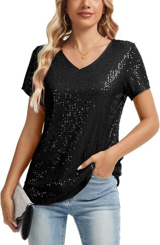 Mintlimit Womens Full Equin Tops Glitter Party Shirt Shirt Sleeve Parkle Blouses v-neck roject summer Shimmer Tunic Turts in Kuwait