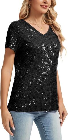 Mintlimit Womens Full Equin Tops Glitter Party Shirt Shirt Sleeve Parkle Blouses v-neck roject summer Shimmer Tunic Turts in Kuwait