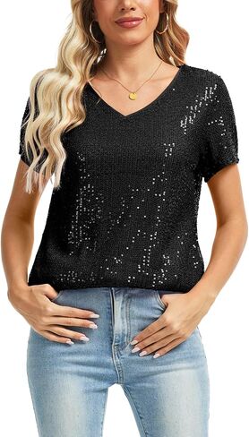Mintlimit Womens Full Equin Tops Glitter Party Shirt Shirt Sleeve Parkle Blouses v-neck roject summer Shimmer Tunic Turts in Kuwait