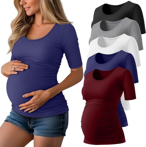 5 Pack Women's Maternity Shirts, Scoop Neck Maternity Top Casual Half Sleeve Tee Side Ruched Pregnancy Clothes in Kuwait