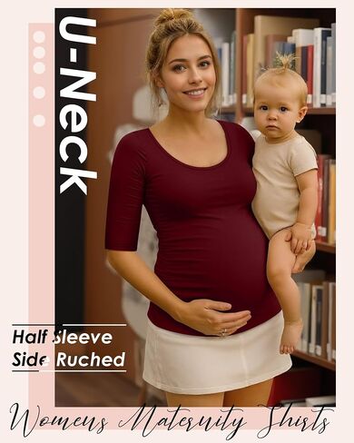 5 Pack Women's Maternity Shirts, Scoop Neck Maternity Top Casual Half Sleeve Tee Side Ruched Pregnancy Clothes in Kuwait