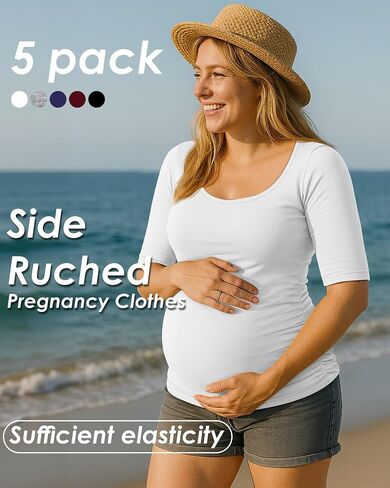5 Pack Women's Maternity Shirts, Scoop Neck Maternity Top Casual Half Sleeve Tee Side Ruched Pregnancy Clothes in Kuwait