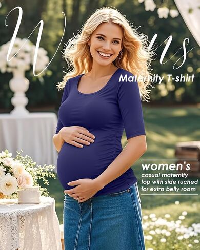 5 Pack Women's Maternity Shirts, Scoop Neck Maternity Top Casual Half Sleeve Tee Side Ruched Pregnancy Clothes in Kuwait