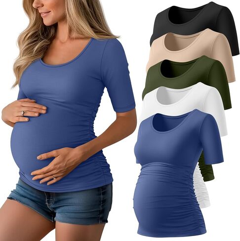 5 Pack Women's Maternity Shirts, Scoop Neck Maternity Top Casual Half Sleeve Tee Side Ruched Pregnancy Clothes in Kuwait