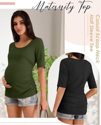 5 Pack Women's Maternity Shirts, Scoop Neck Maternity Top Casual Half Sleeve Tee Side Ruched Pregnancy Clothes in Kuwait