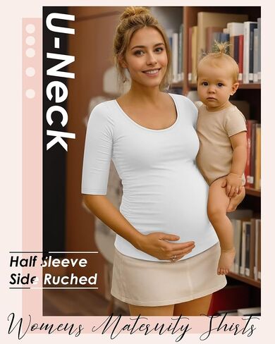 5 Pack Women's Maternity Shirts, Scoop Neck Maternity Top Casual Half Sleeve Tee Side Ruched Pregnancy Clothes in Kuwait
