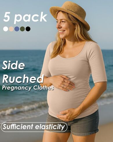 5 Pack Women's Maternity Shirts, Scoop Neck Maternity Top Casual Half Sleeve Tee Side Ruched Pregnancy Clothes in Kuwait