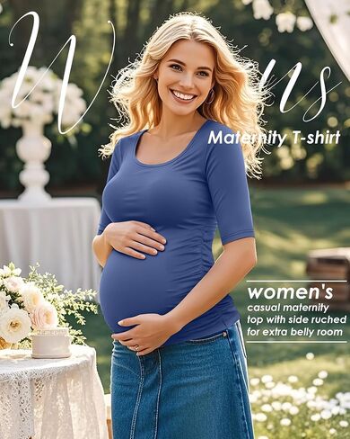 5 Pack Women's Maternity Shirts, Scoop Neck Maternity Top Casual Half Sleeve Tee Side Ruched Pregnancy Clothes in Kuwait