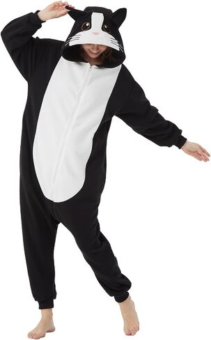 Wawrtou Black Cat Onesie Pajamas للبالغين Halloween Cat Costume Cosplay قطعة نوم من قطعة واحدة in Saudi Arabia