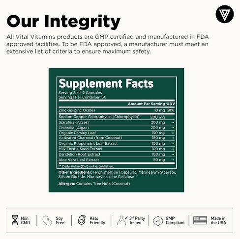 Vital Vitamins Chlorophyll Pills - Body Deodorizing Supplement - Made with Spirulina, Chlorella, Organic Parsley, Mint, & Activated Charcoal - Defeat Odor Naturally - for Women & Men - 60 Capsules in Kuwait