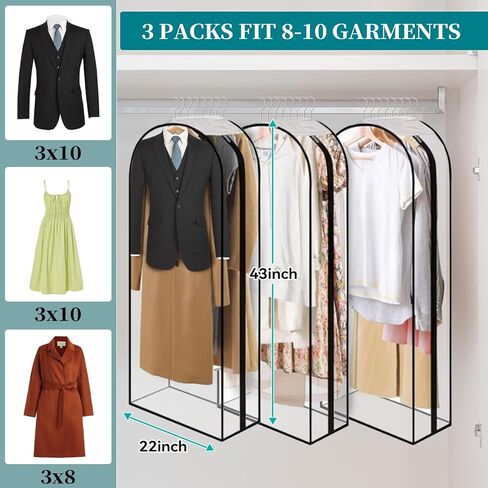 10" Gusseted Clear Garment Bags, 40" Hanging Suit Bags for Closet Storage - Protect Clothes, Suits, Coats, Dresses - 3 Pack (60 inch) in Kuwait