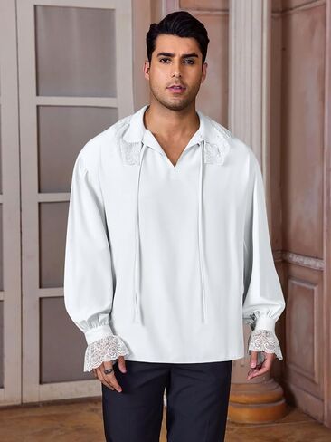 Runcati Mens Pirate Pirate Shirt Shirt Lace Lace Steampunk Viking Renaissance Poet Poet Lace Up Halloween Tops in Kuwait