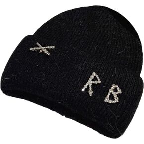 Real Rabbit Fur Diamonds Letter Beanies Hats for Women Winter Warm Knitted Hat Casual Bonnet Skiing Cap