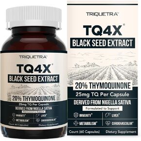 20 ٪ كبسولات زيت بذور البذور الأسود - TQ -Advanced 4x®: تركيز ثيميوكينون قوي متاح من Nigella sativa ، شكل خام ، نباتي ، زجاجة زجاجية (25 ملغ - 120 كبسولة)