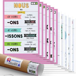 Quarterhouse French Verbs & Beginner Vocabulary (Set D) Poster Set, French Classroom Learning Materials for K-12 Students and Teachers, Set of 11, 12 x 18 Inches, Extra Durable