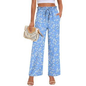 anymeet womens pants لطيف الساق على نطاق واسع الساق غير رسمية السراويل صالة الخصر عالية الخصر مع جيوب