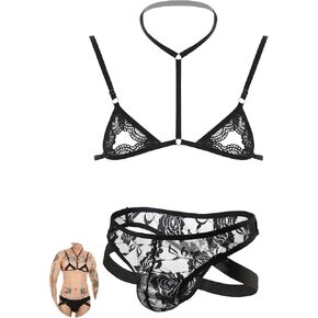 Men's Sissy Lace Lingerie Set with Sheer Bra Top & Panty Underwear Set 2-Piece Nightwear S-XL