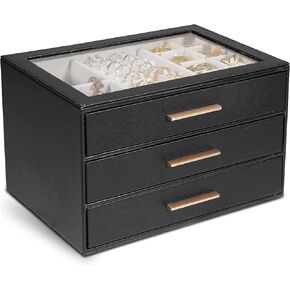 Jewelry Box for Women, Glass Lid Jewelry Organizer with 3 Drawers PU Jewelry Storage Case for Necklaces Rings Earrings Bracelets, White